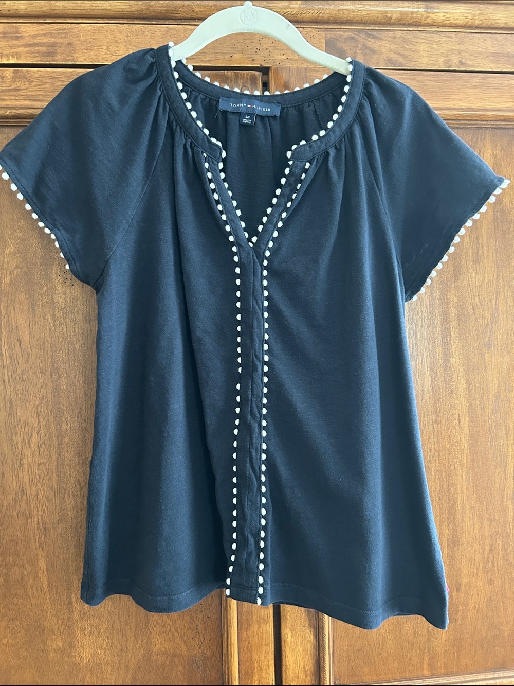 Tommy Hilfiger Navy Short Sleeve Top with White Pom-Pom Trim